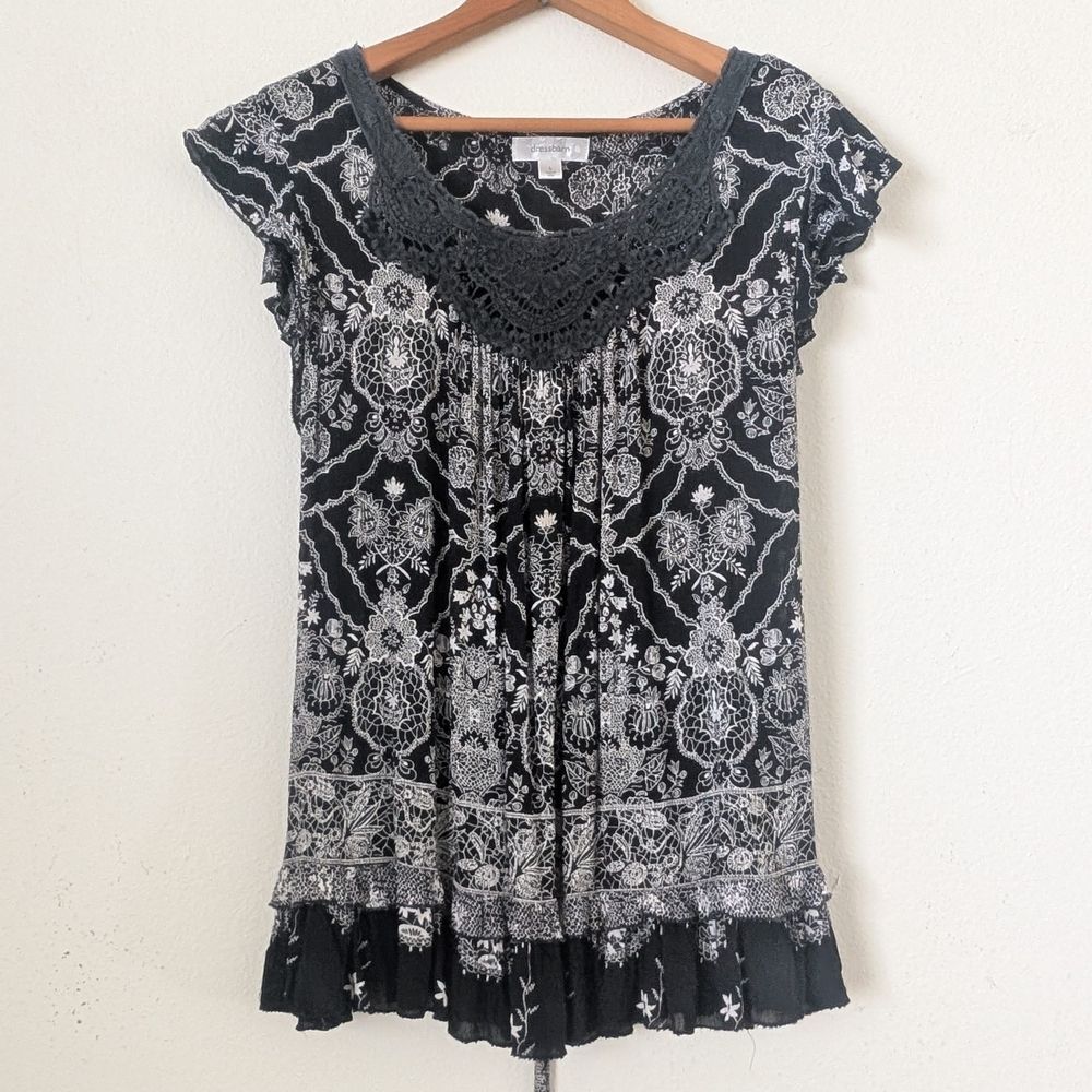 Vintage Y2K Tie-Back Top, Womens Large, Black White Crochet Trim